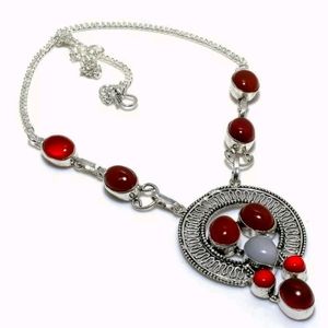 New Carnelian, Coral, Rainbow Moonstone 925 Silver Necklace.
